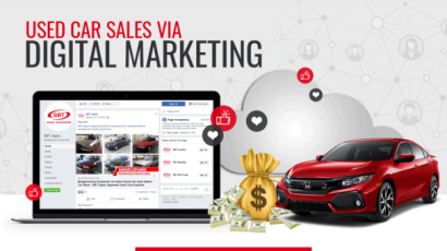Red Honda with grey backgroun having laptop screen on the front,portraying image of used car sales via digital marketing.