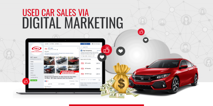 Red Honda with grey backgroun having laptop screen on the front,portraying image of used car sales via digital marketing.