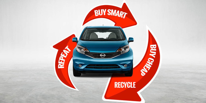 A Blue Nissan with cycle of buy smart, buy cheap, recycle, repeat