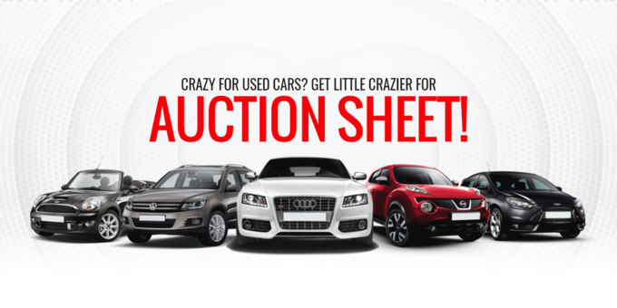 Mercedes, BMW, Nissan, Volkswagen arranged in horizontal angle on multiple circle background with Crazy for used cars? Get little crazier for Auction Sheet written above the cars