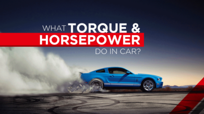 Blue car with dust storm because of speed with text what torque and horsepower do in car