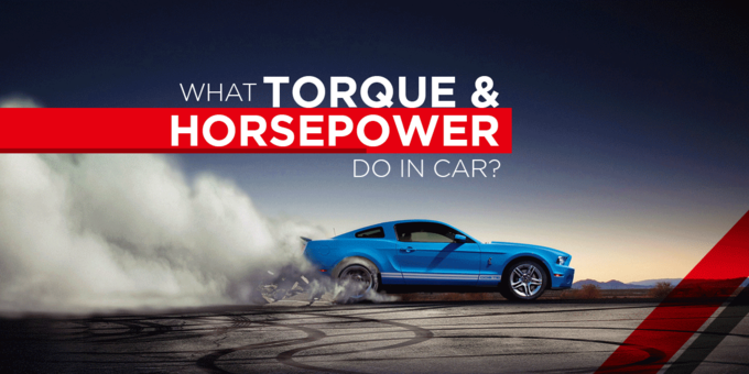 Blue car with dust storm because of speed with text what torque and horsepower do in car