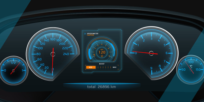 Steering wheel back where engine oil indicator, manual speedometer. digital odometer, revolution per minute indicator and temperature indicator is shown in them of light blue and black.