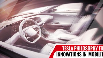 Interior of Electric Car with heading Tesla Philosophy for Innovation In Mobility