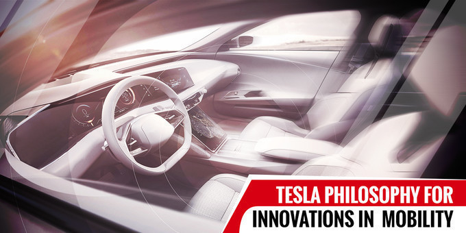 Interior of Electric Car with heading Tesla Philosophy for Innovation In Mobility