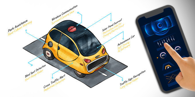 autonomous cars labelled and the mobile app on right
