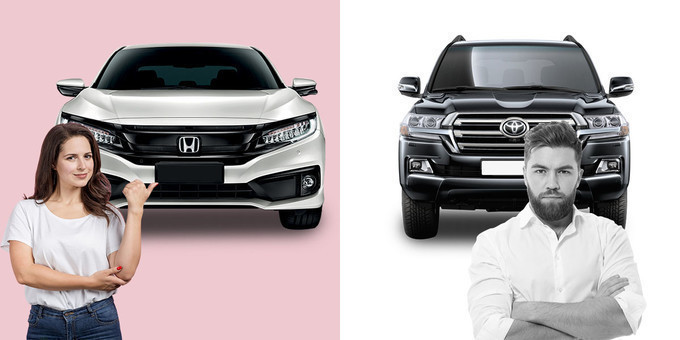 A woman standing in front of Honda on pink background on left and a man standing with Landcruiser on black and white background on right